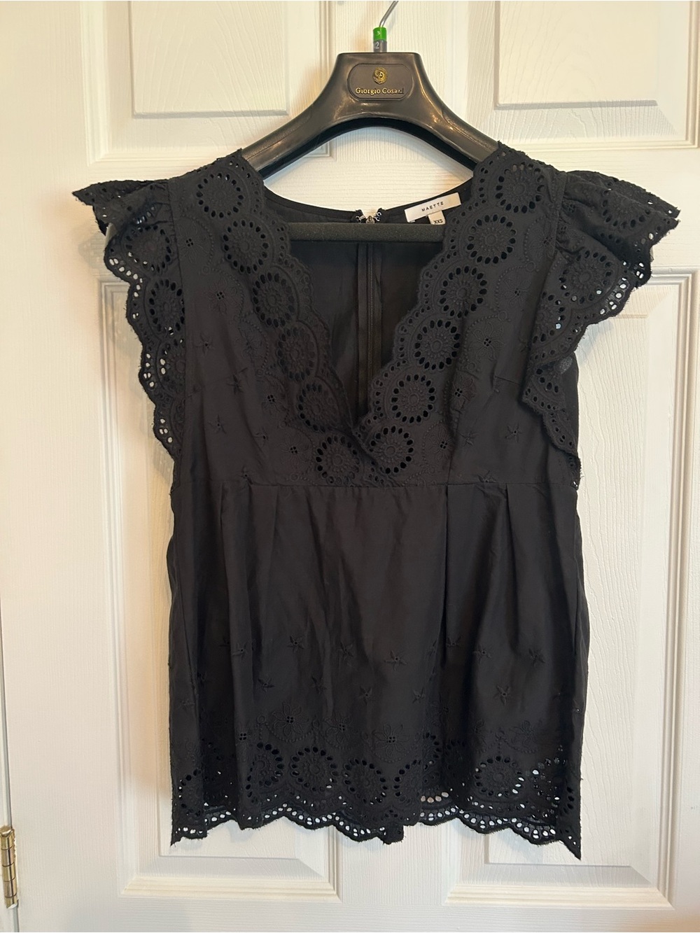 Stella & Dot Black Eyelet V-Neck Flutter Sleeve Top
